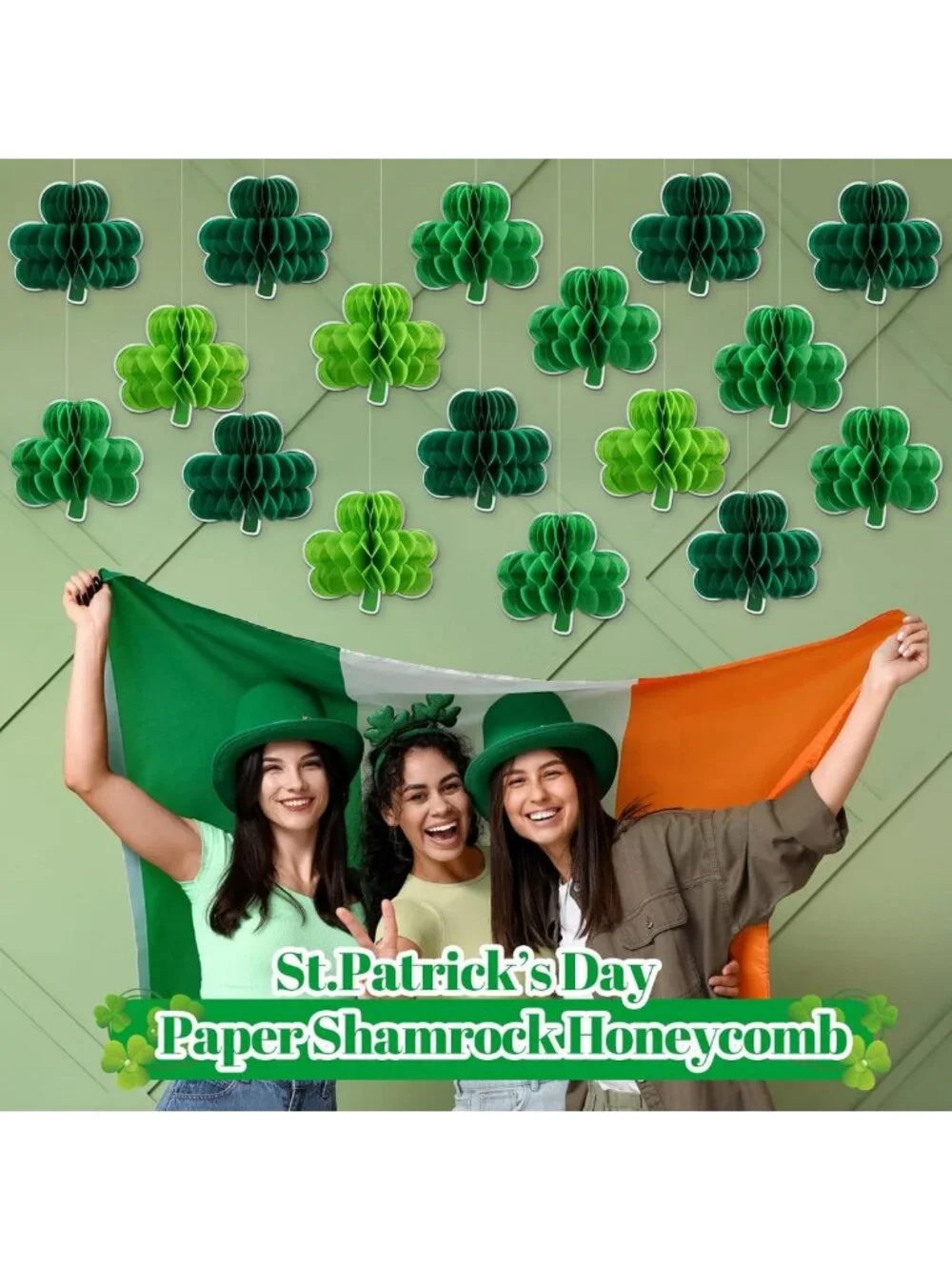 22 Pcs St. Patrick's Day Decor - Shamrock Garland, Tissue Fans & Lanterns for